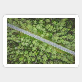 Empty road going diagonally through the forest top down aerial view Sticker